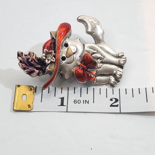 Vintage AJMC Silver Tone Enamel Red Hat Society Kitty Cat Brooch Pin Bow Feather - Thumbnail 4