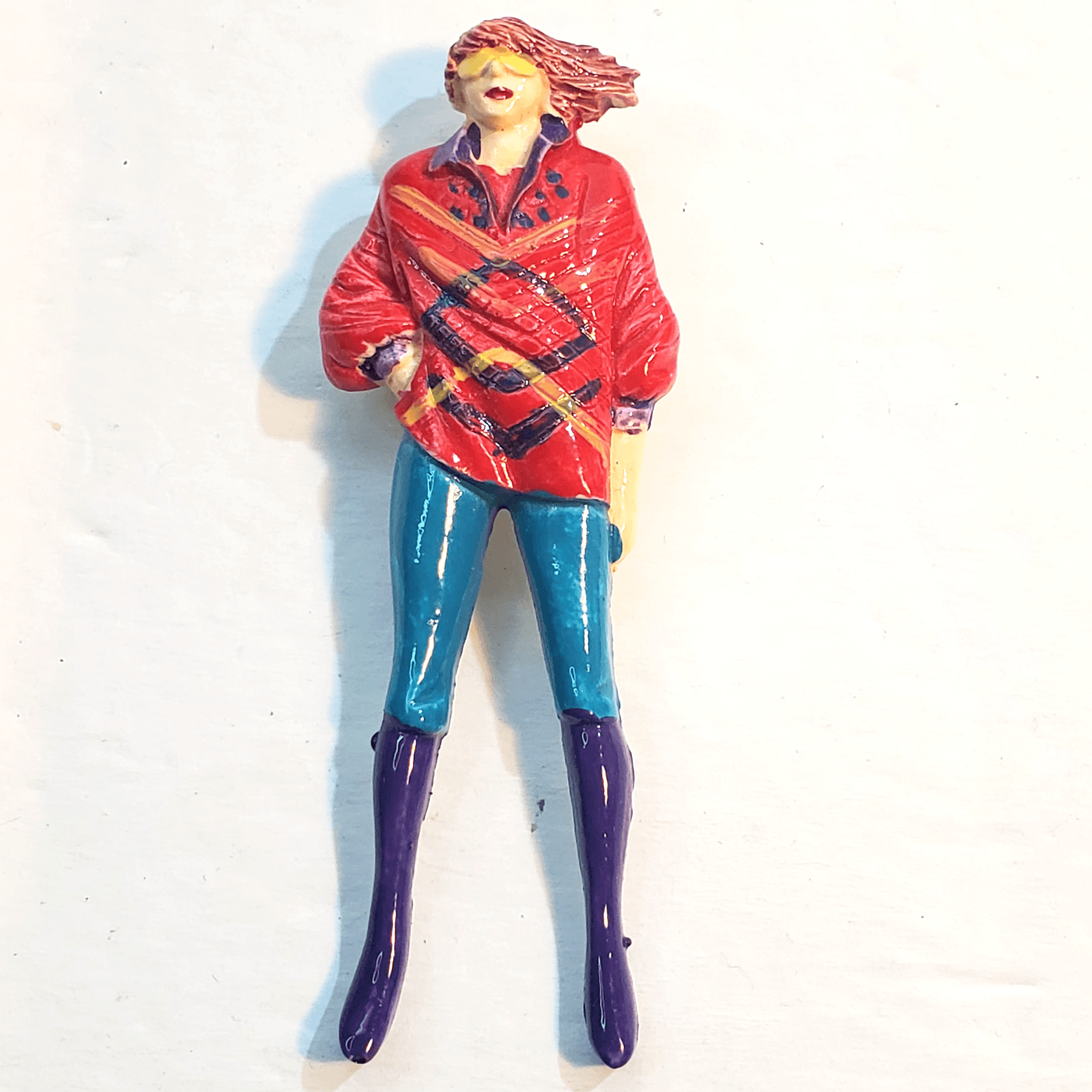 Vtg Molded Painted Plastic Resin Fashion Lady Red Sweater Jeans Boots Brooch Pin