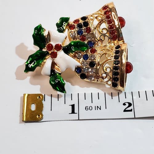 Gold Tone Metal w/ White Green Red Enamel Rhinestones Christmas Bells Brooch Pin - Thumbnail 3