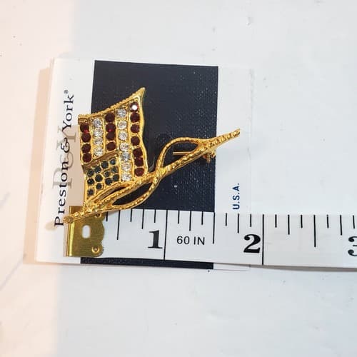 Vtg Preston York Gold Tone Red Blue Clear Rhinestone American Flag Brooch Pin - Thumbnail 3