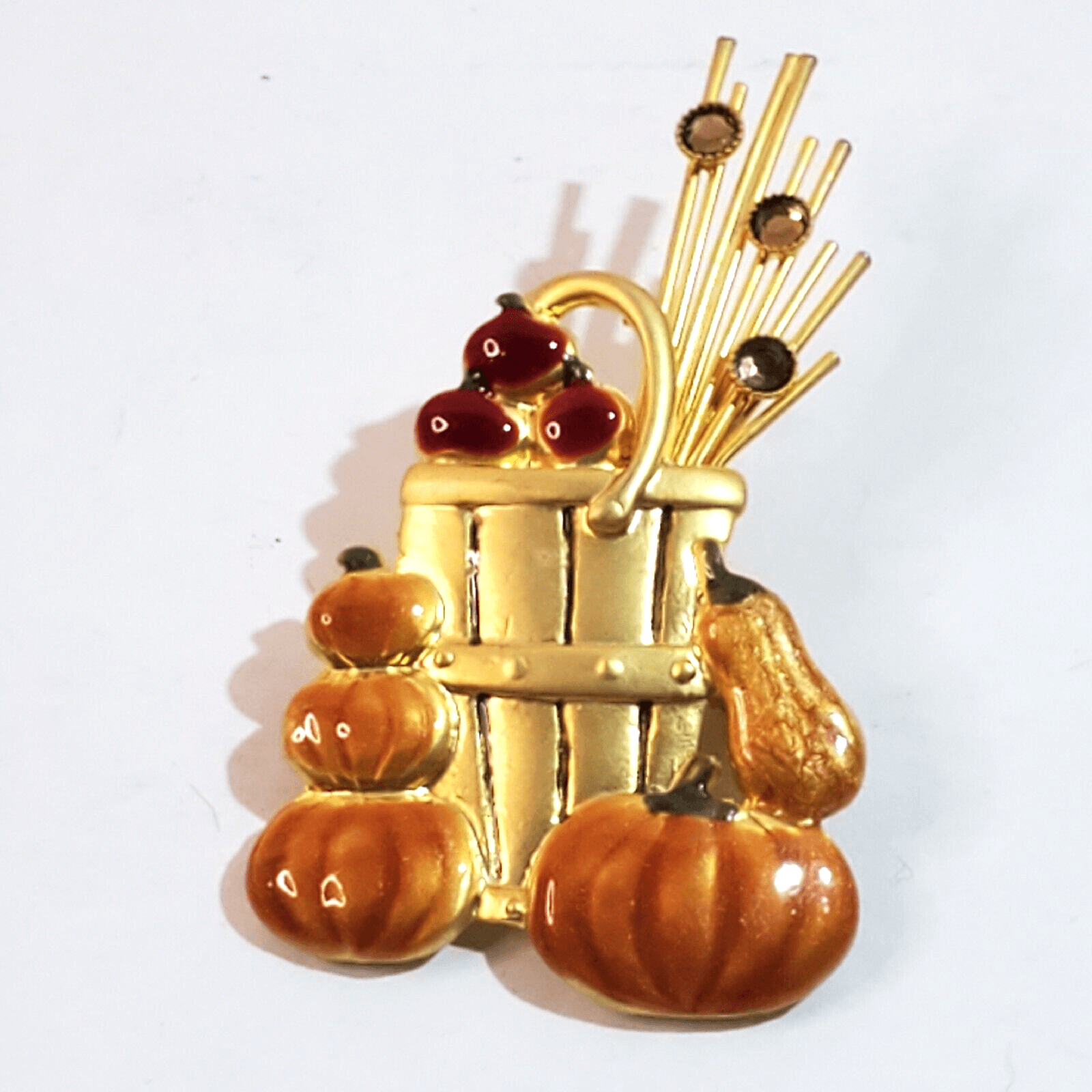 Vintage KC Kenneth Cole Fall Autumn Apple Basket Pumpkins Wheat Straw Brooch Pin