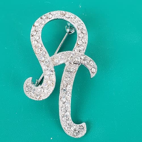 Vintage Silver Tone Metal Sparkly Clear Rhinestones Monogram A Brooch Pin