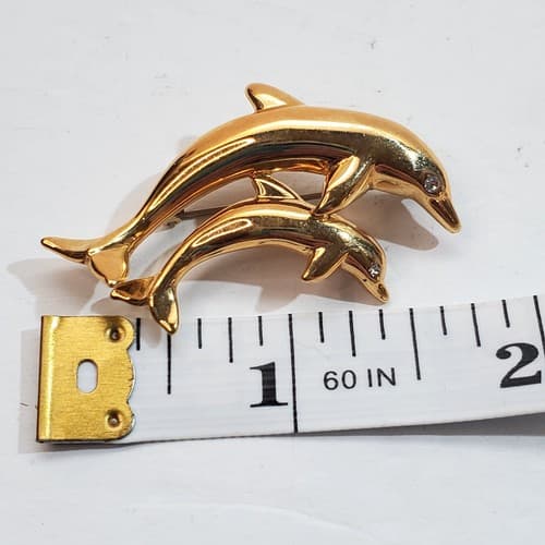 Vintage Krementz Gold Tone Rhinestone Eyes Mama and Baby Dolphin Brooch Pin - Thumbnail 4