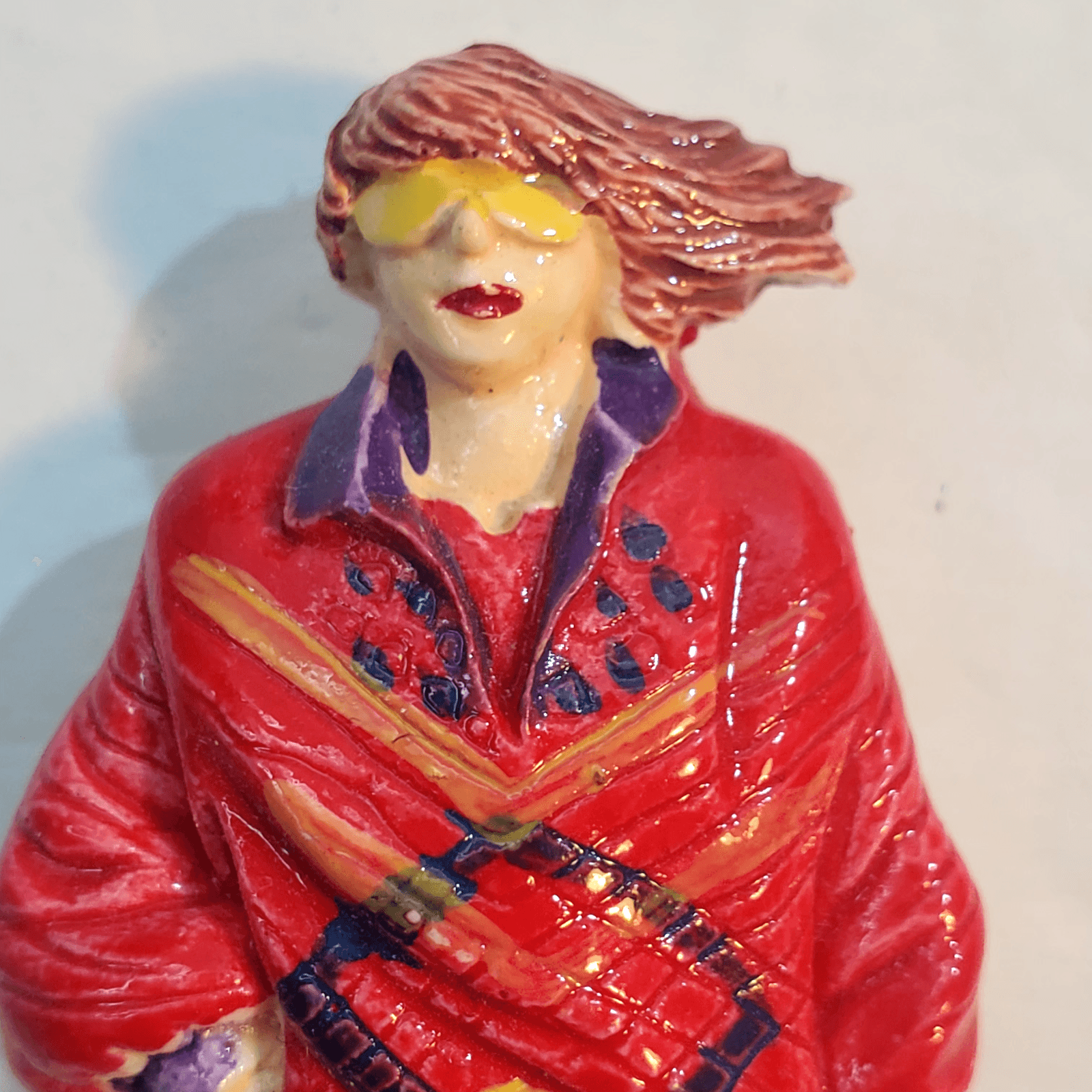 Vtg Molded Painted Plastic Resin Fashion Lady Red Sweater Jeans Boots Brooch Pin - Thumbnail 2