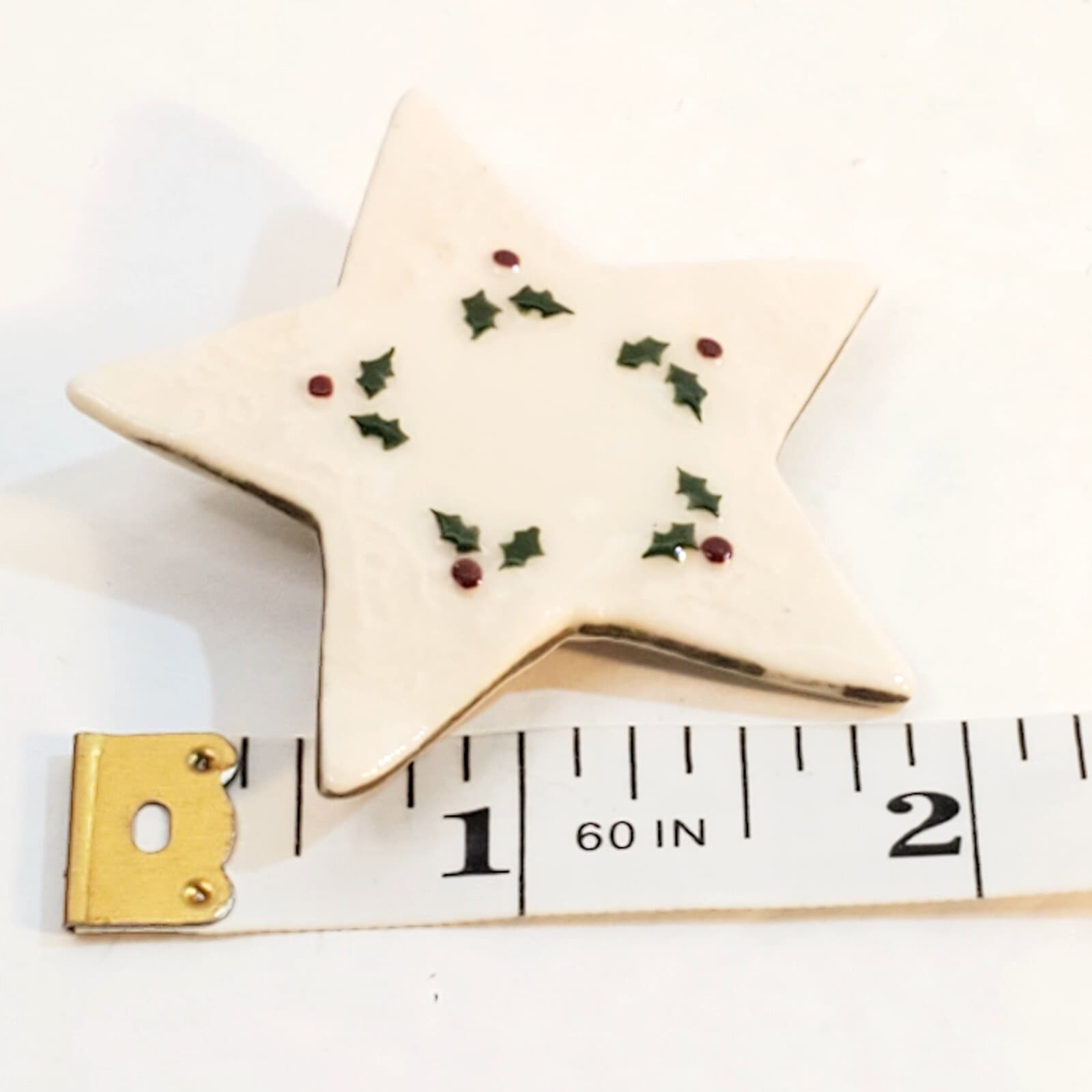 Vintage Stillwater Art Hand Painted Holly Ceramic Star Brooch Pin Christmas - Thumbnail 5