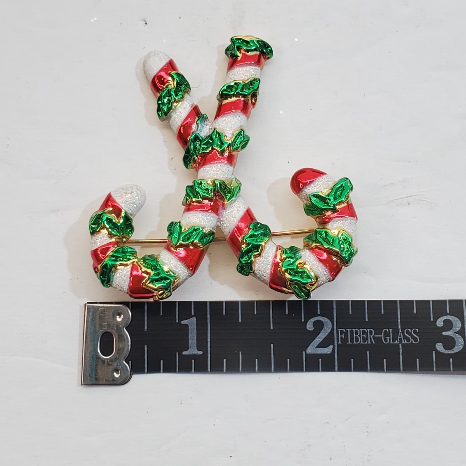 Gold Tone Metal Red White Green Enamel Double Candy Cane Christmas Brooch Pin - Thumbnail 4