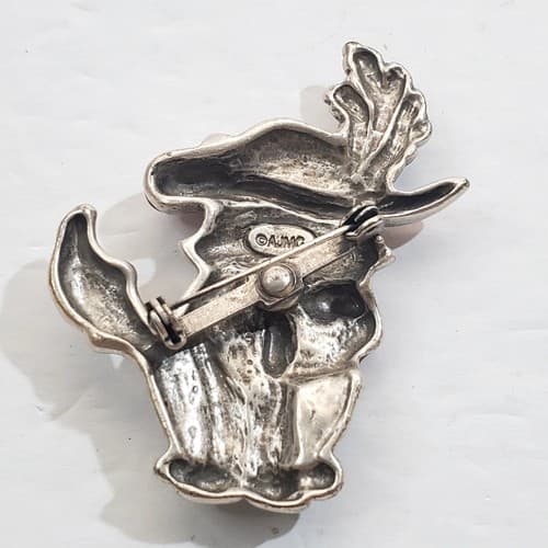 Vintage AJMC Silver Tone Enamel Red Hat Society Kitty Cat Brooch Pin Bow Feather - Thumbnail 2