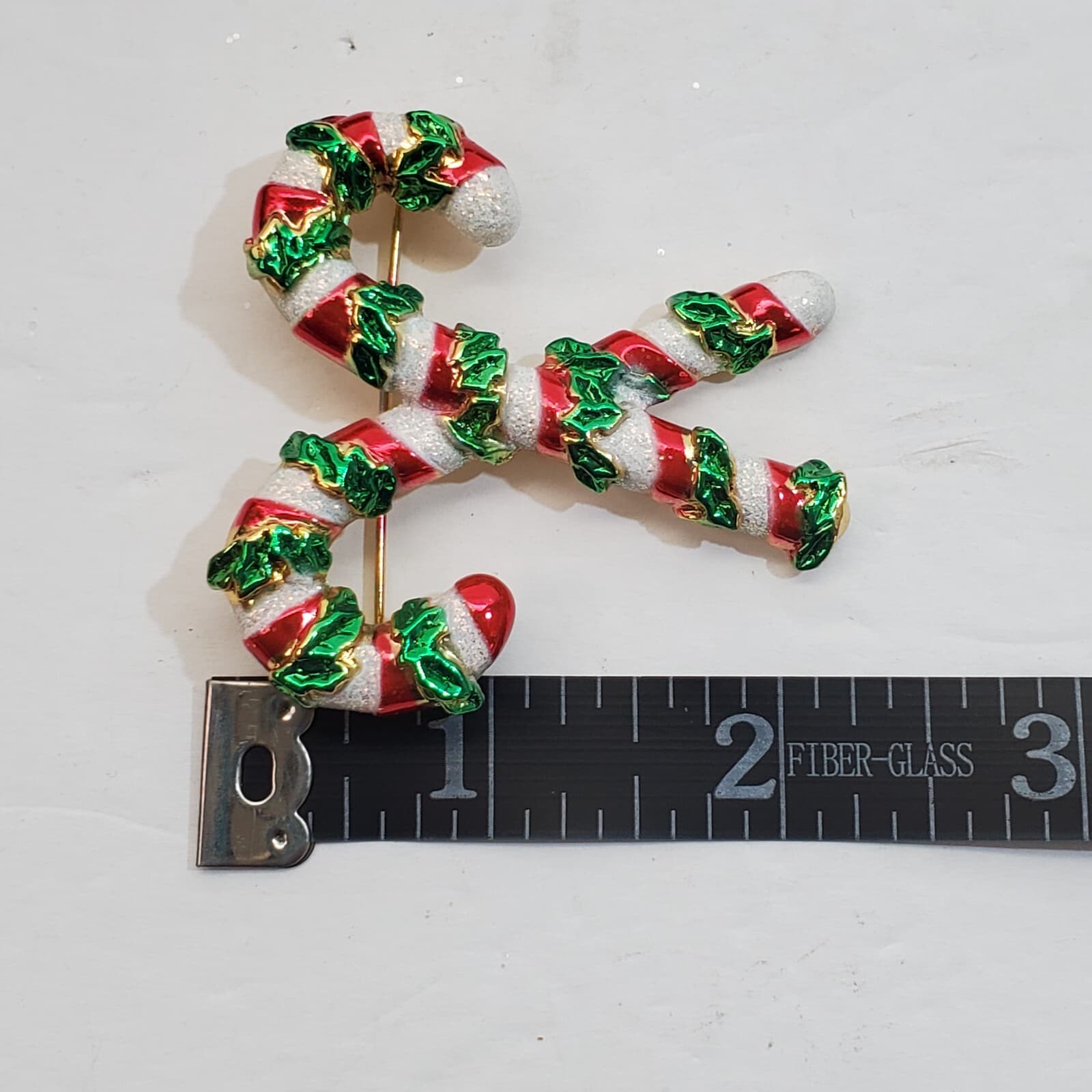 Gold Tone Metal Red White Green Enamel Double Candy Cane Christmas Brooch Pin - Thumbnail 3