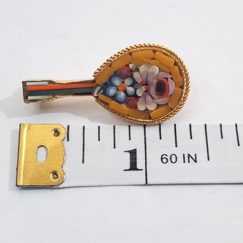 Vintage Gold Tone and Multicolor Micro Mosaic Floral Mandolin Banjo Brooch Pin - Thumbnail 3