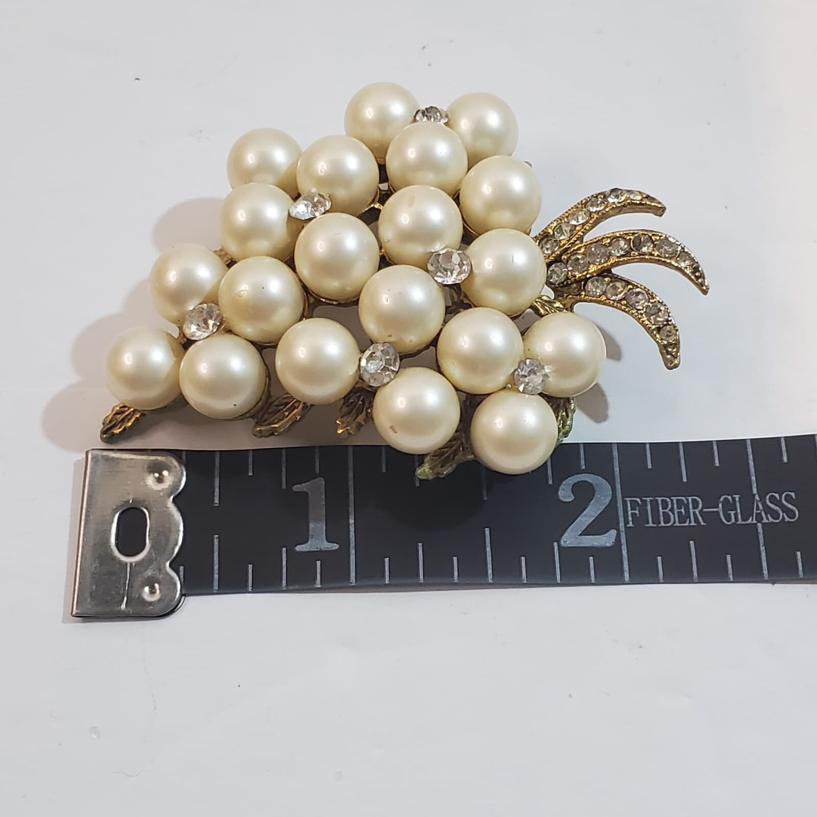 Vtg Gold Tone Metal & Faux Pearls Clear Rhinestones Spray Cluster Brooch Pin - Thumbnail 5