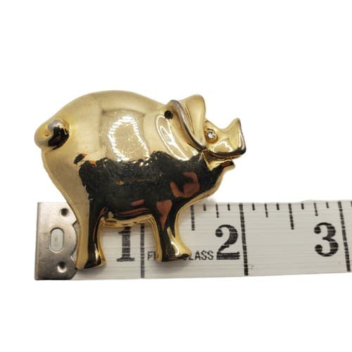 Shiny Gold Tone Pig Hog Brooch Pin Costume Jewelry Farmhouse Animal - Thumbnail 3