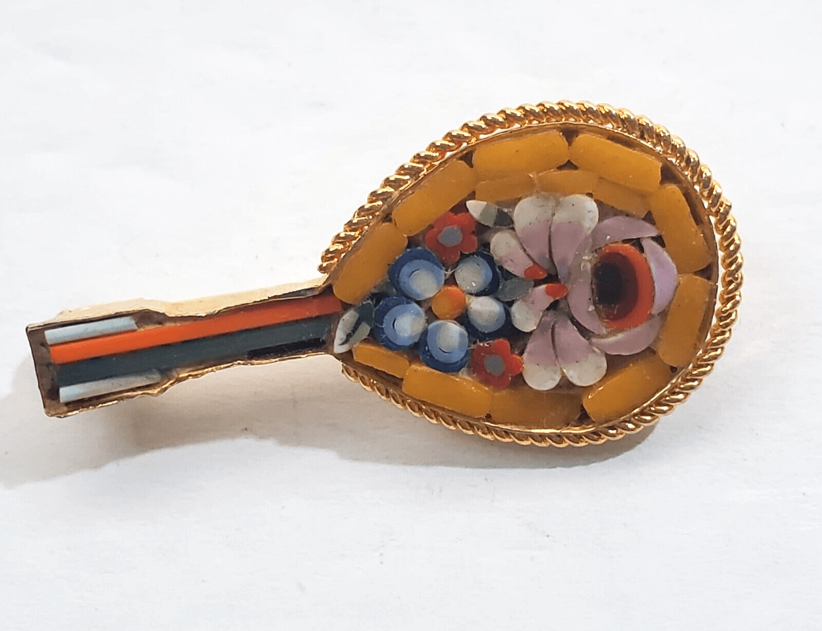 Vintage Gold Tone and Multicolor Micro Mosaic Floral Mandolin Banjo Brooch Pin