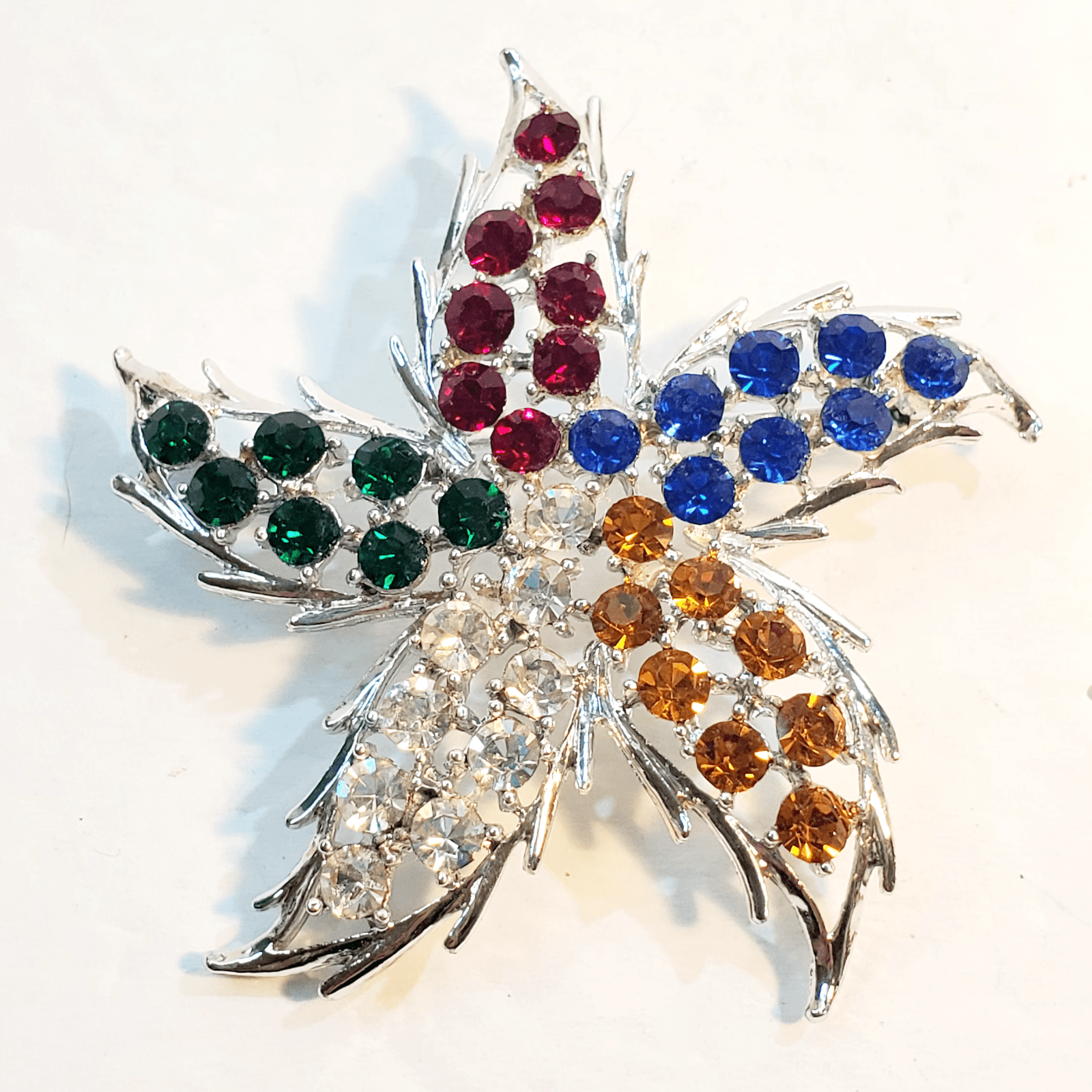 Silver Tone Metal Multi-Colored Rhinestones Star Starfish Pinwheel Brooch Pin