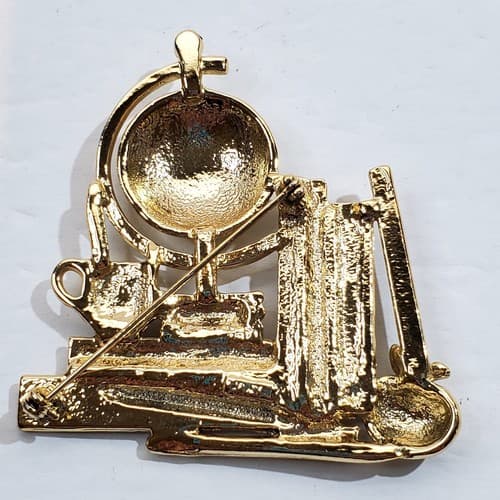 Vintage AJC Matte and Shiny Gold Tone Metal Teacher Globe Books Brooch Pin - Thumbnail 2