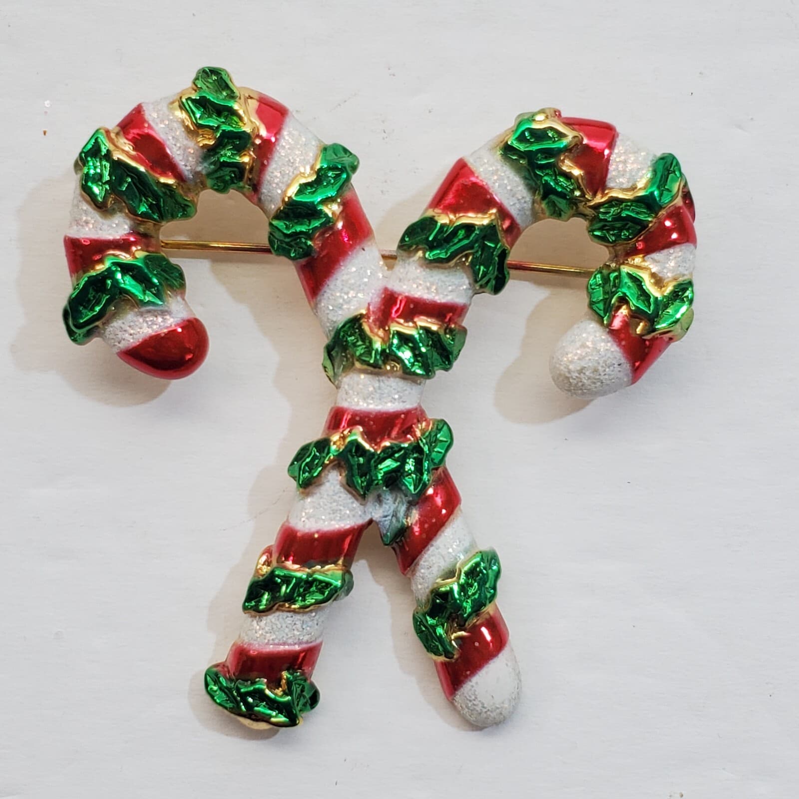 Gold Tone Metal Red White Green Enamel Double Candy Cane Christmas Brooch Pin
