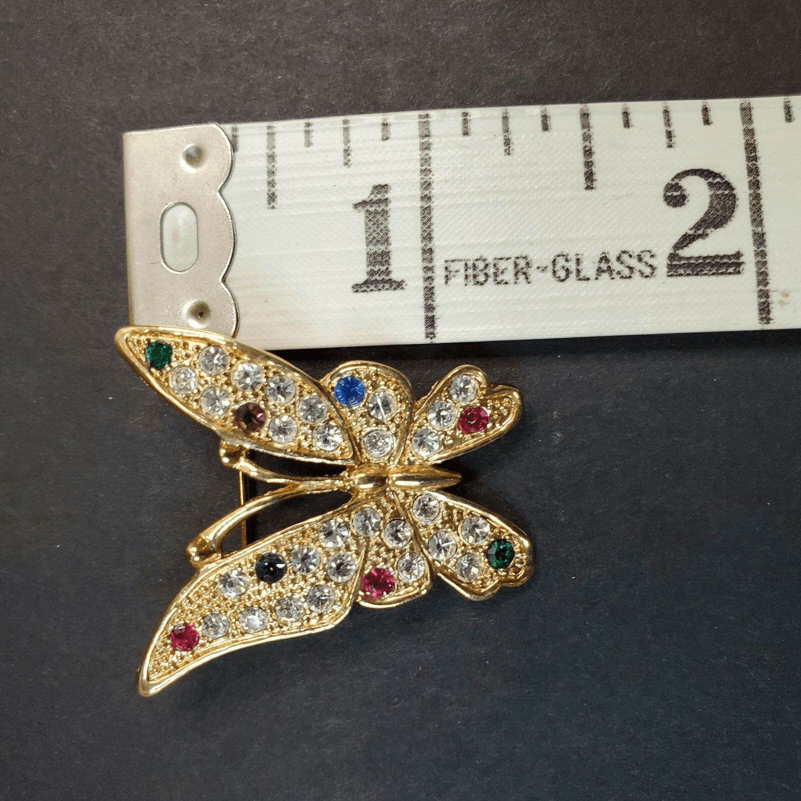 Vintage Gold Tone Metal & Multi-Color Rhinestones Butterfly Brooch Pin Spring - Thumbnail 3