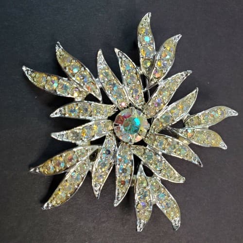Vintage Sarah Coventry Silver Tone Iridescent Rhinestone Flower Brooch Pin