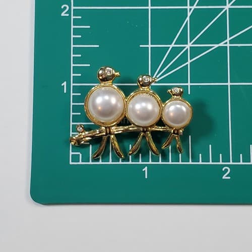 Vintage Gold Tone Faux Pearls 3 Bird Family Art Deco Style Brooch Pin - Thumbnail 3