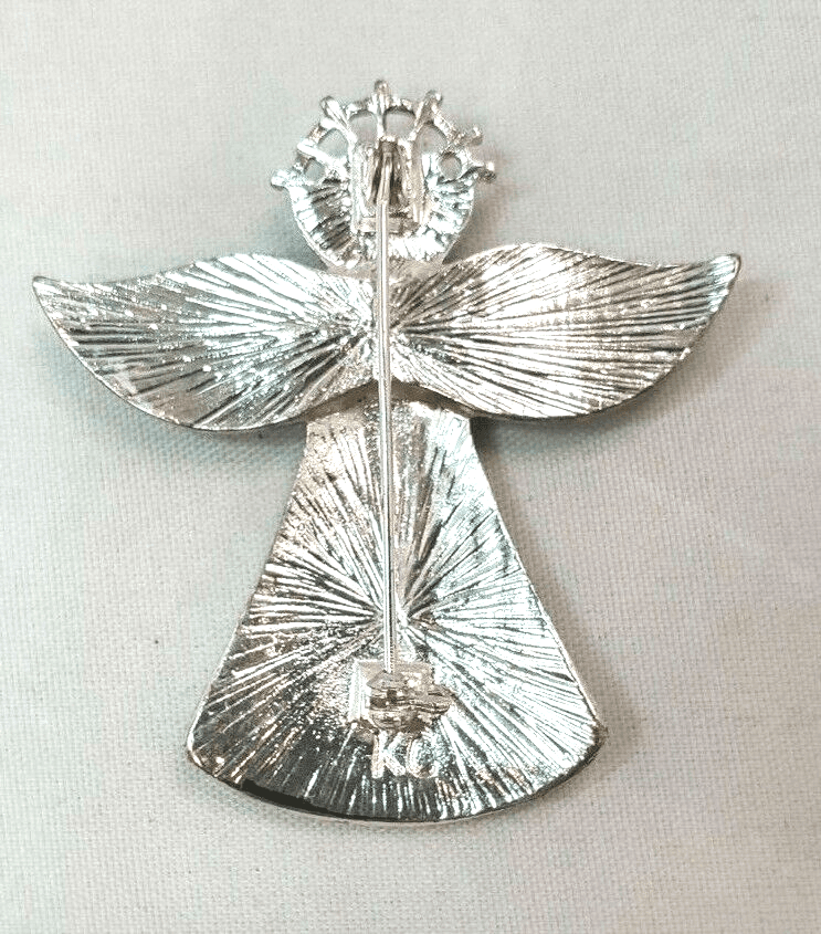 Silvertone Metal White Enamel Blue Rhinestones Cabochon Angel Brooch Pin - Thumbnail 2