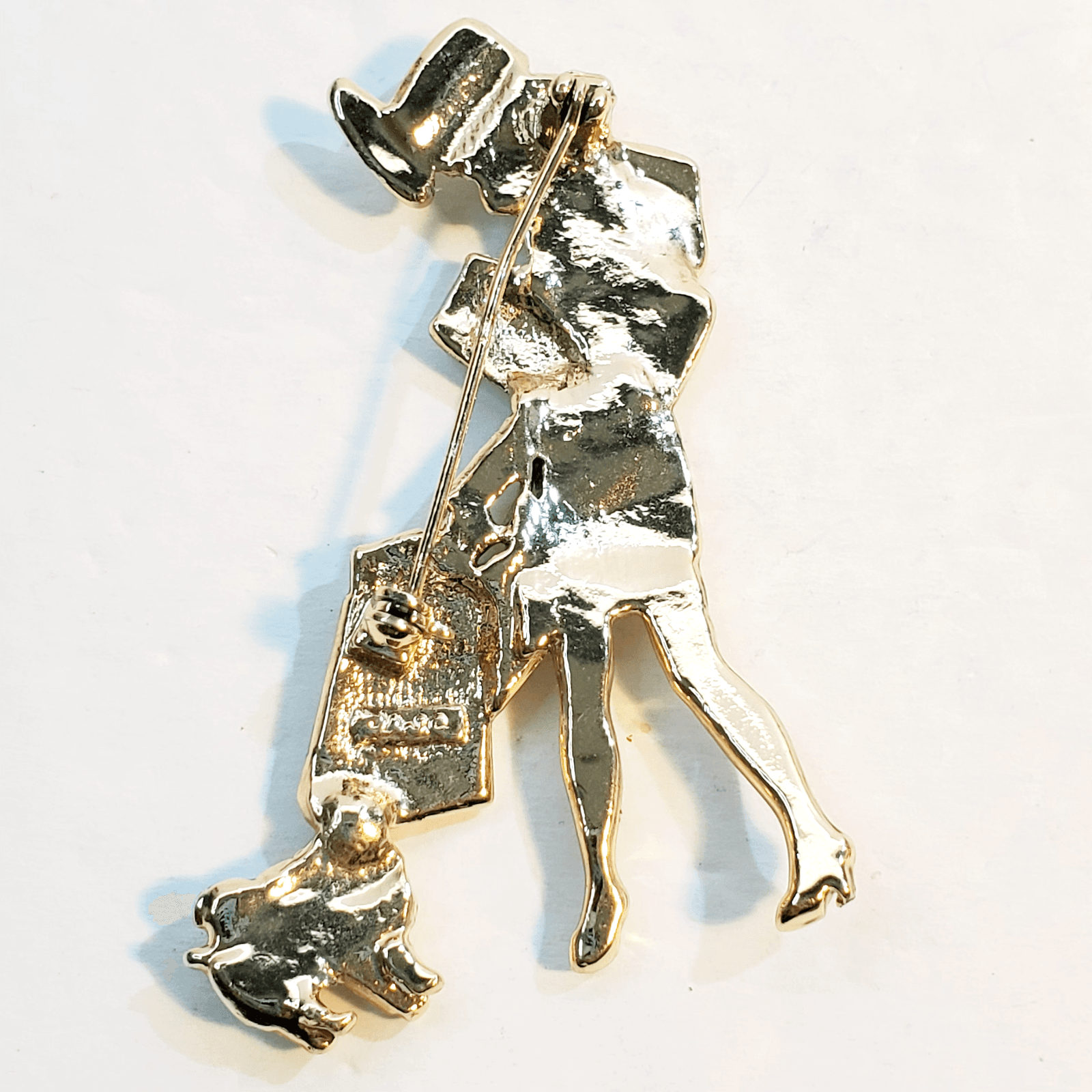 Vintage AJC Gold Tone Woman Lady w/ Packages Dog Shopping Brooch Pin 2.5 inch - Thumbnail 2