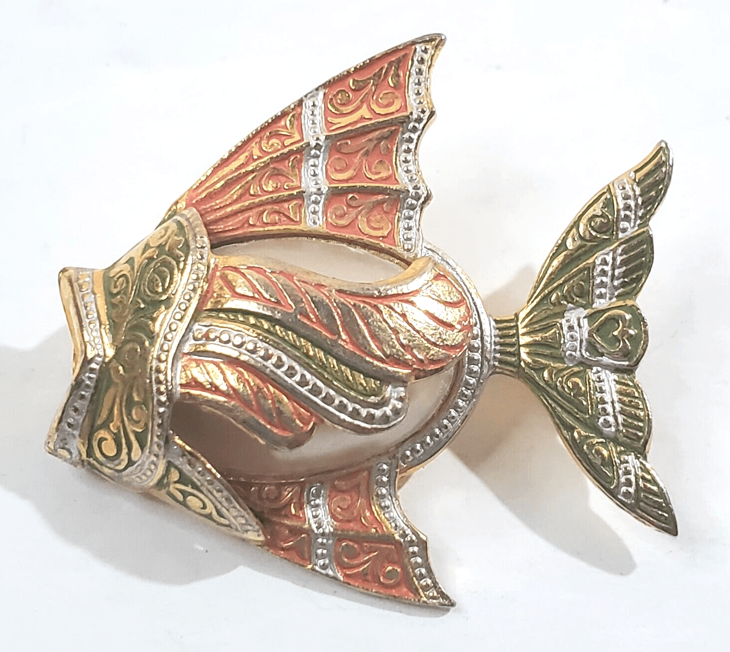 Vintage Spain Damascene Tri-Color Metal Faux Pearl Jelly Belly Fish Brooch Pin