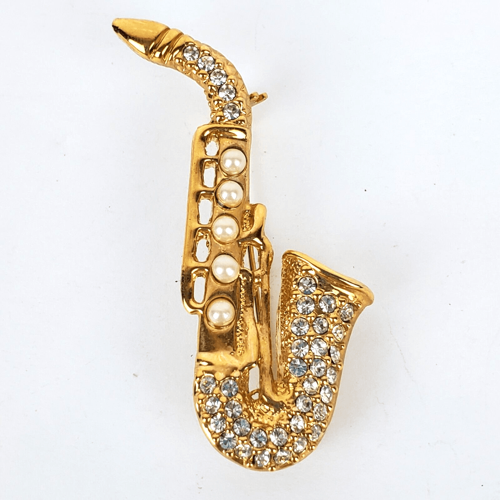 Vintage Gold Tone Metal Faux Pearls Clear Rhinestone Saxophone Brooch Pin