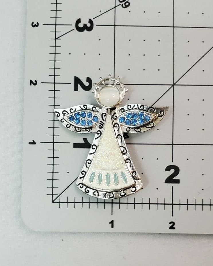 Silvertone Metal White Enamel Blue Rhinestones Cabochon Angel Brooch Pin - Thumbnail 3