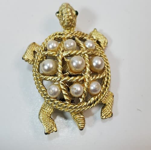 Vintage Turtle Gold Tone Faux Pearl Shelled Green Enamel Eyes Brooch Pin - Thumbnail 4