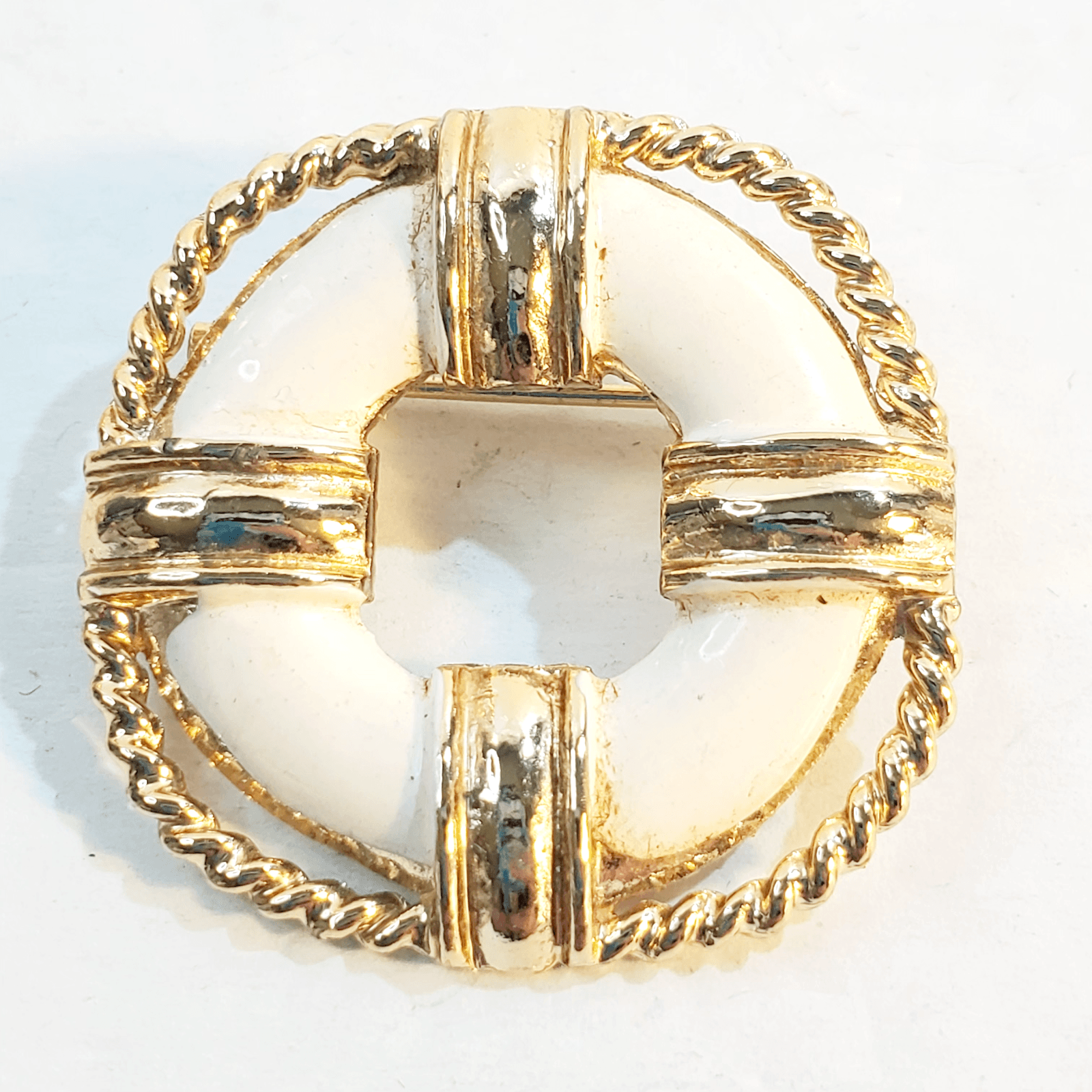Vtg RNK R.N.K. Gold Tone White Enamel Nautical Life Preserver Buoy Brooch Pin