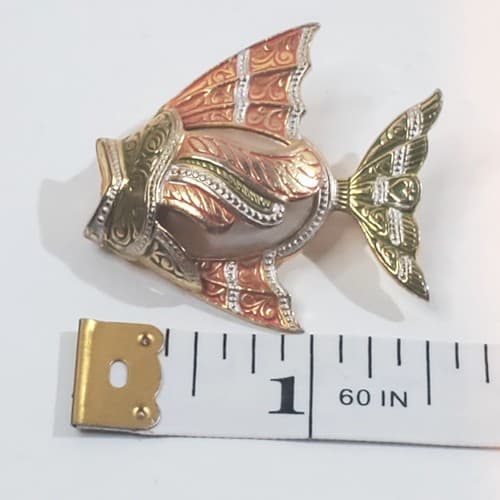 Vintage Spain Damascene Tri-Color Metal Faux Pearl Jelly Belly Fish Brooch Pin - Thumbnail 4