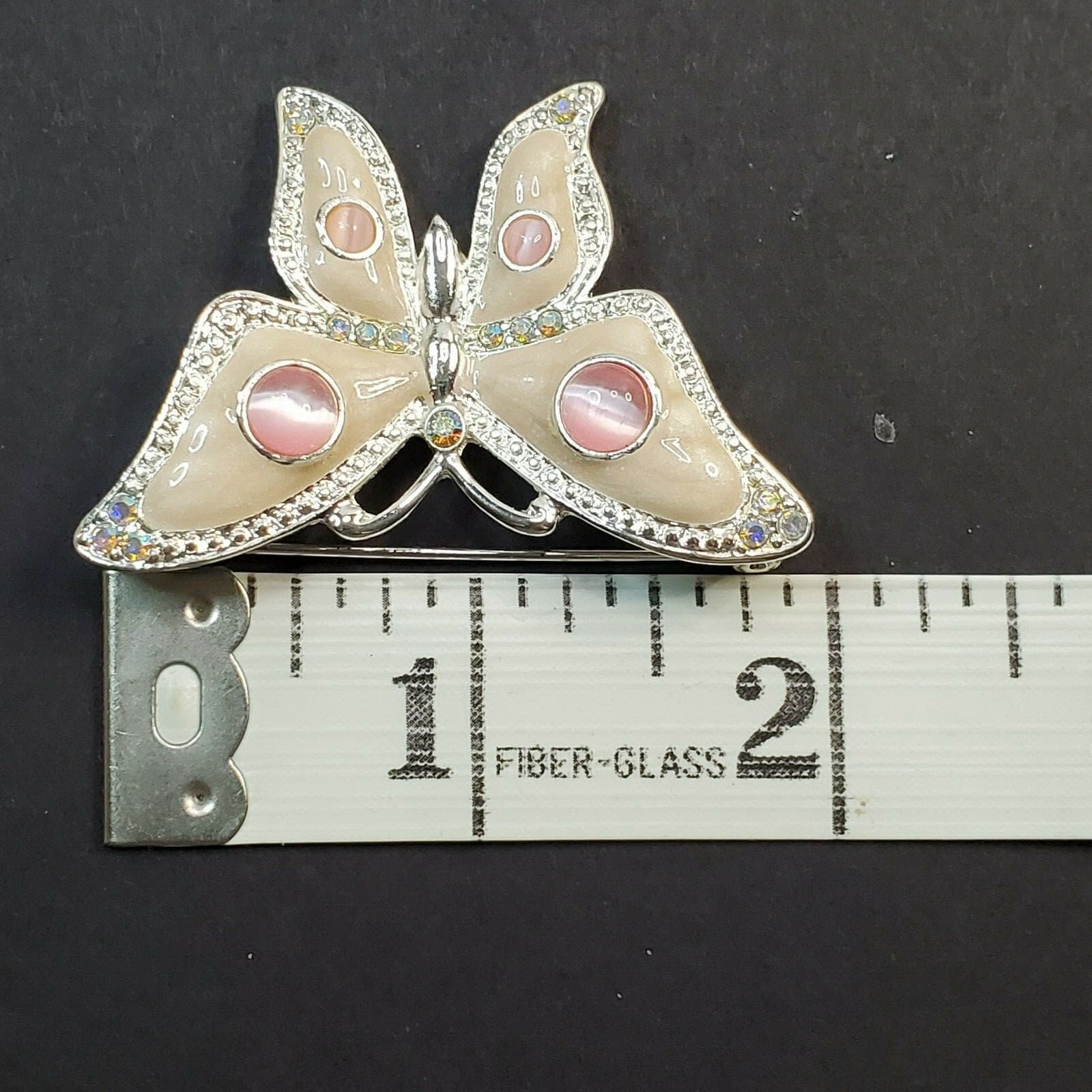 Signed TC Tanyas Creations Silver Tone Beige Pink Enamel Butterfly Brooch Pin - Thumbnail 4