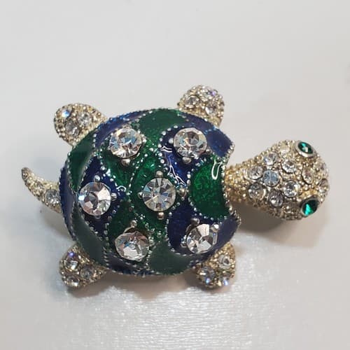 Silver Tone Metal Clear Rhinestones Green & Blue Enamel Turtle Brooch Pin - Thumbnail 3