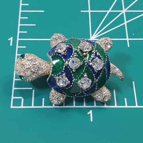 Silver Tone Metal Clear Rhinestones Green & Blue Enamel Turtle Brooch Pin - Thumbnail 5