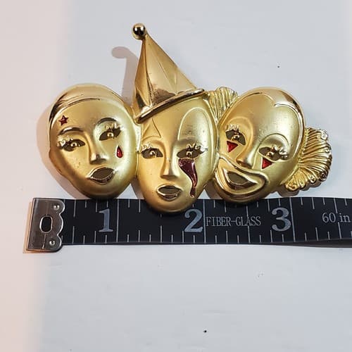 Vintage AJC Matte Gold Tone Metal Red Enamel Sad Crying Clowns Brooch Pin - Thumbnail 3