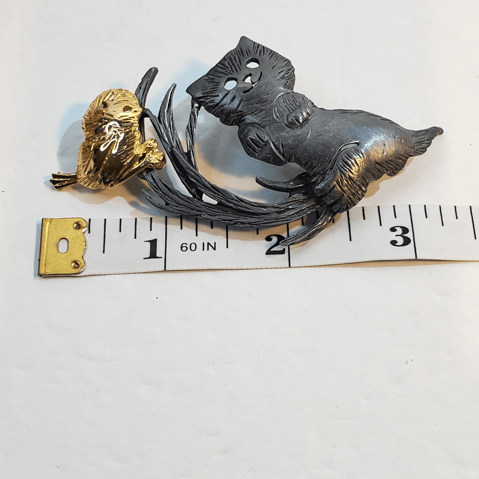 Vintage Ultra Craft Mixed Metal Figural Cat and Bird on a Branch Brooch Pin - Thumbnail 5