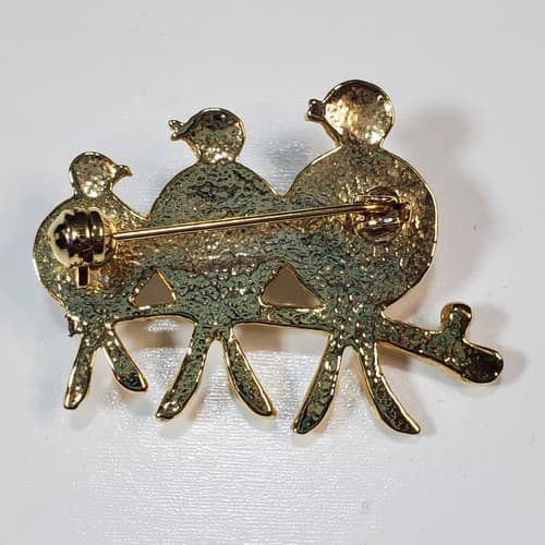 Vintage Gold Tone Faux Pearls 3 Bird Family Art Deco Style Brooch Pin - Thumbnail 2