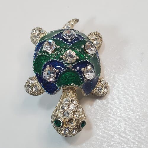 Silver Tone Metal Clear Rhinestones Green & Blue Enamel Turtle Brooch Pin - Thumbnail 2