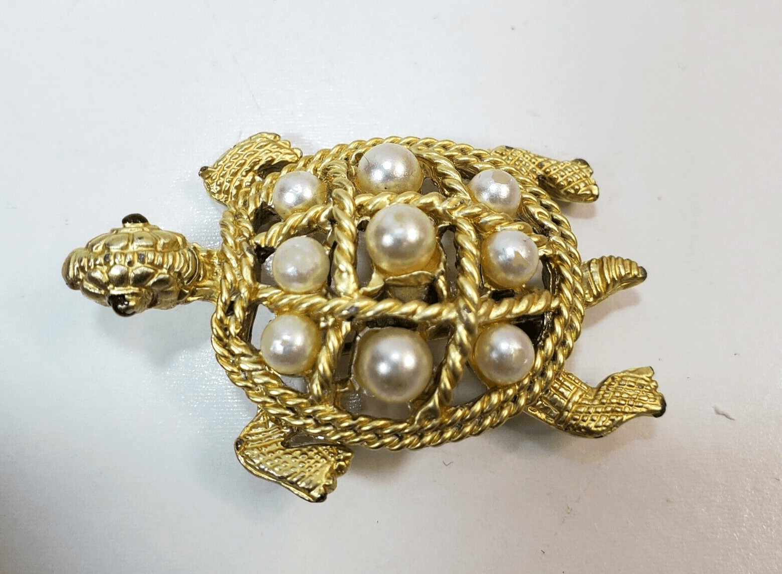 Vintage Turtle Gold Tone Faux Pearl Shelled Green Enamel Eyes Brooch Pin - Thumbnail 3