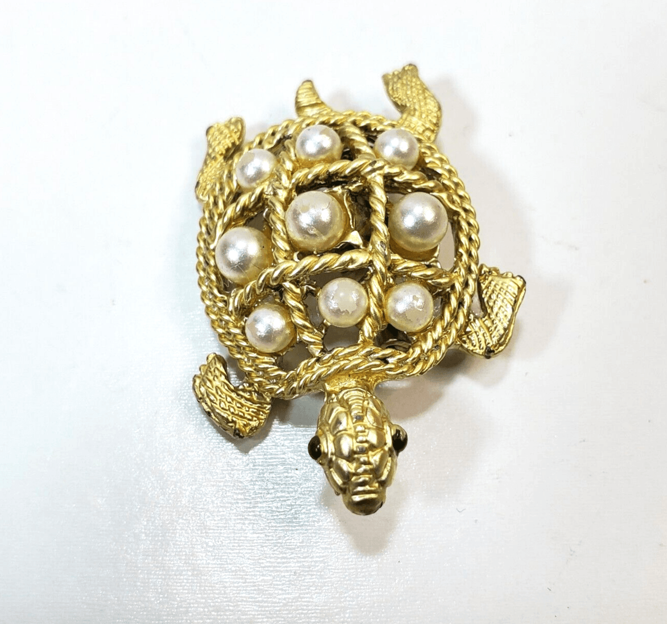 Vintage Turtle Gold Tone Faux Pearl Shelled Green Enamel Eyes Brooch Pin - Thumbnail 5