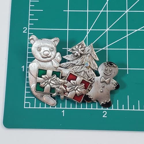 Silver Tone Metal Enamel Rhinestone Bear Gingerbread Tree Christmas Brooch Pin - Thumbnail 3