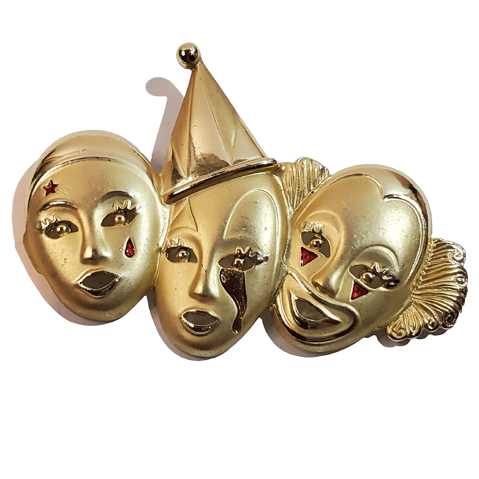 Vintage AJC Matte Gold Tone Metal Red Enamel Sad Crying Clowns Brooch Pin