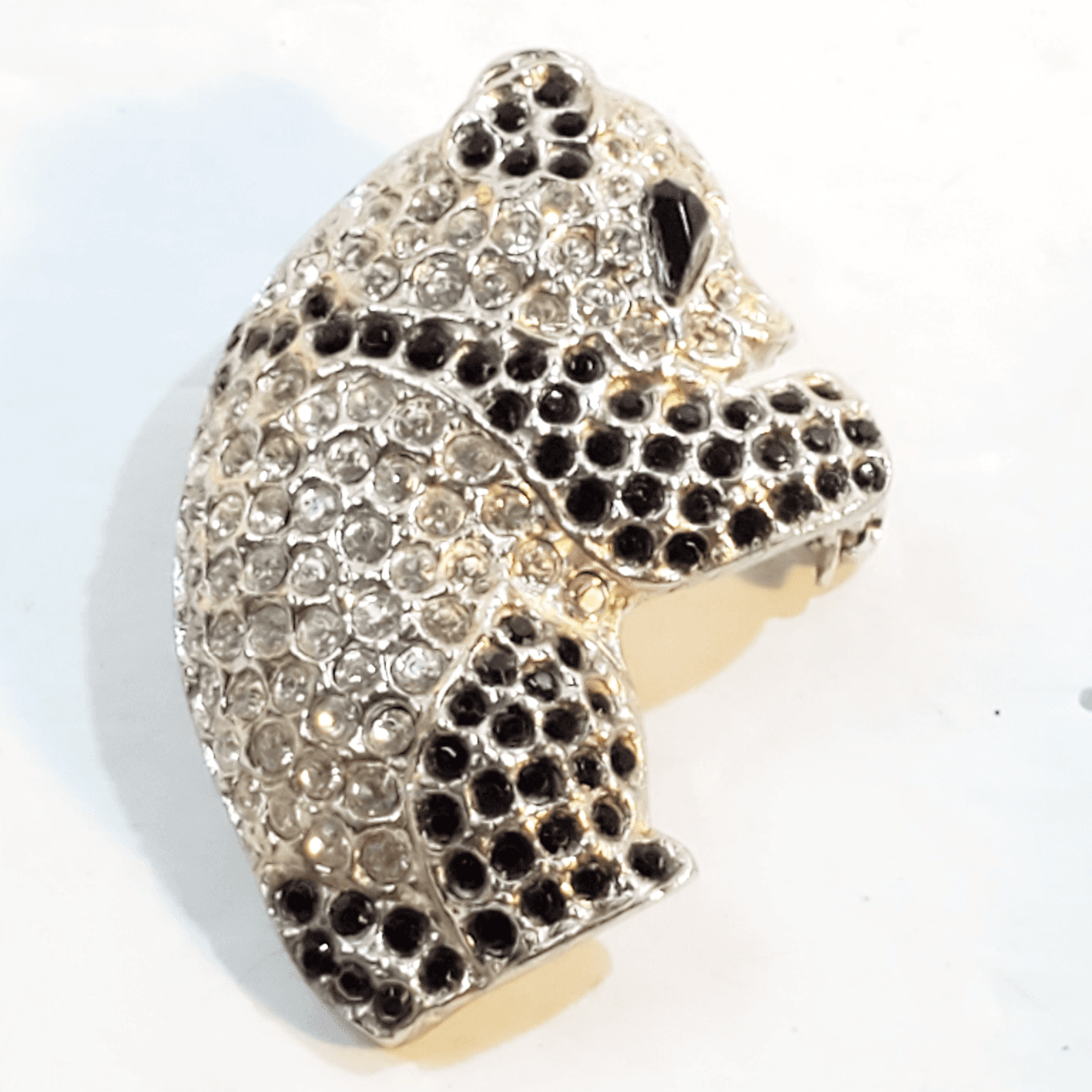 Silver Tone Black Enamel Clear Encrusted Rhinestones Panda Bear Brooch Pin