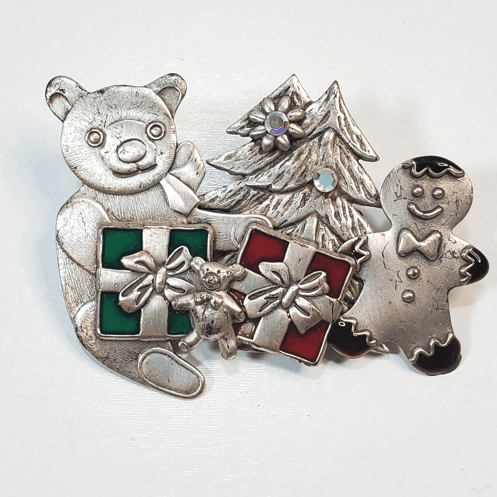 Silver Tone Metal Enamel Rhinestone Bear Gingerbread Tree Christmas Brooch Pin