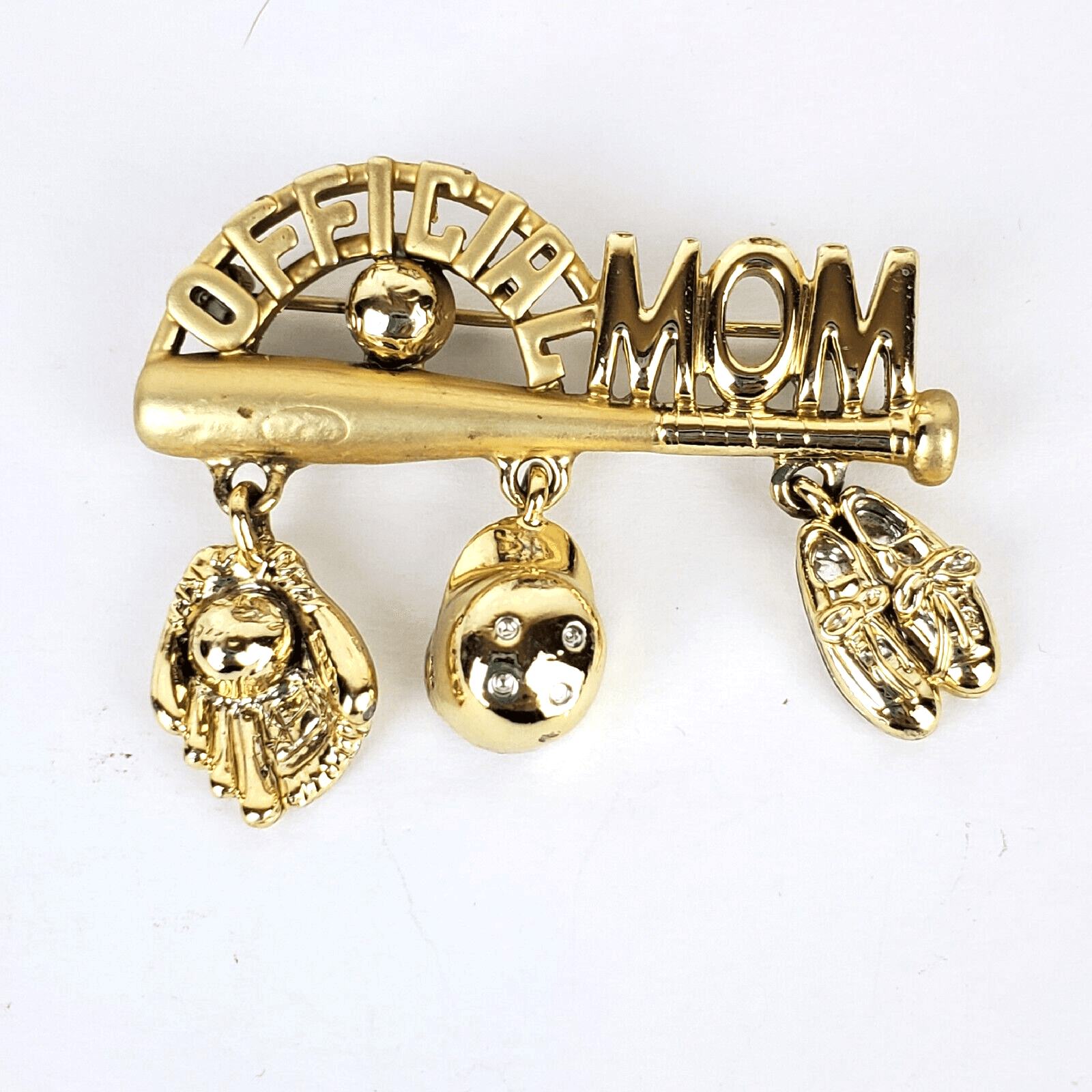 AJC Official Baseball MOM Gold Tone Charms Mitt Ball Helmet Cleats Pin Brooch