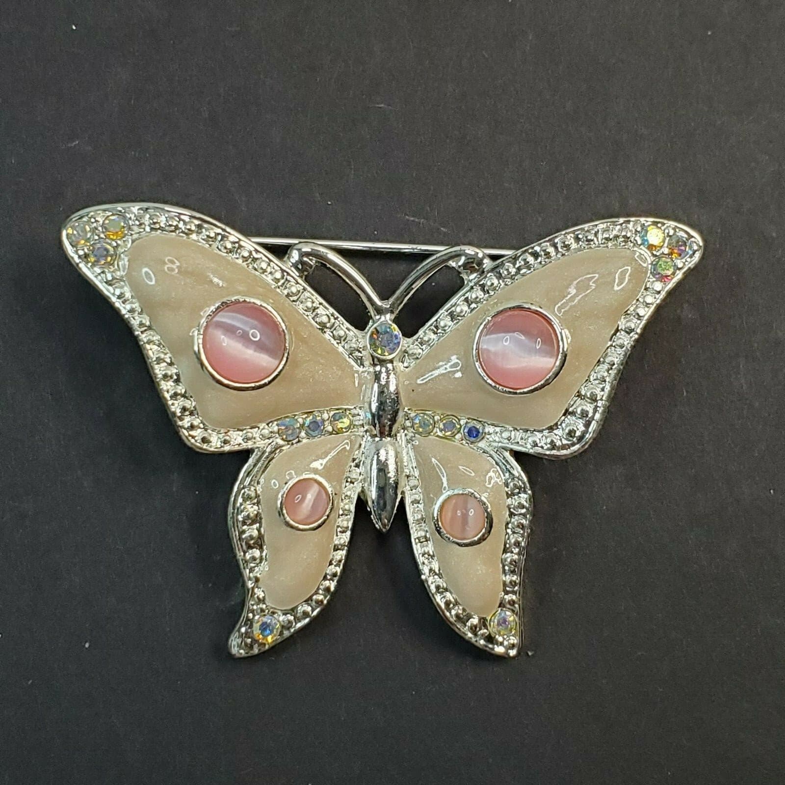 Signed TC Tanyas Creations Silver Tone Beige Pink Enamel Butterfly Brooch Pin