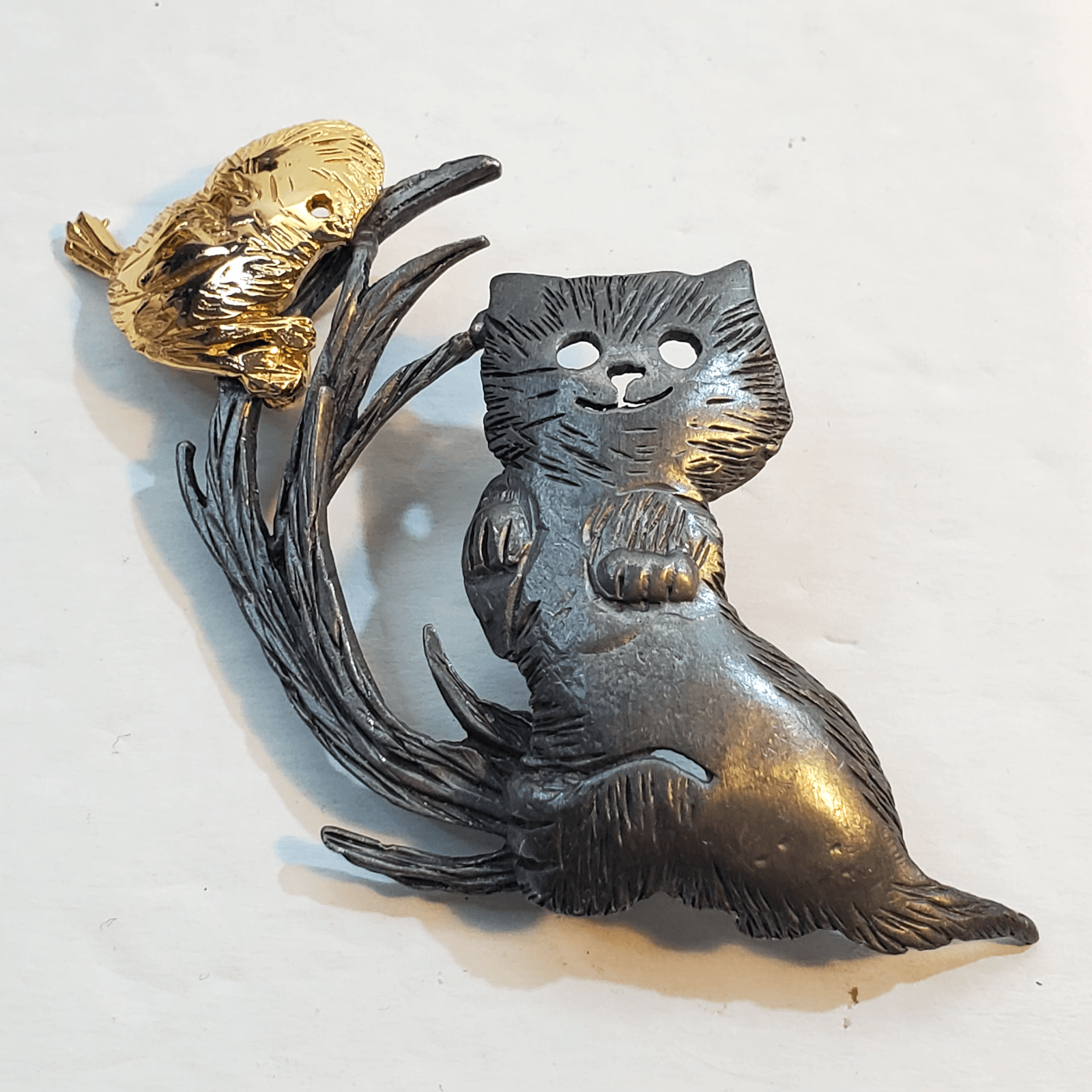 Vintage Ultra Craft Mixed Metal Figural Cat and Bird on a Branch Brooch Pin