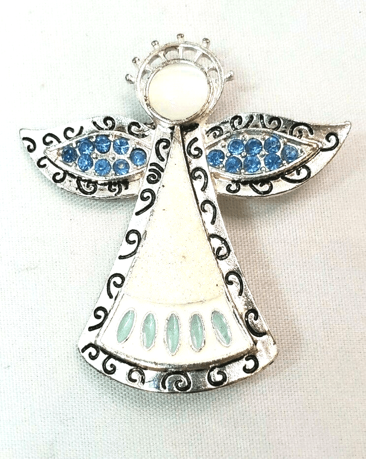 Silvertone Metal White Enamel Blue Rhinestones Cabochon Angel Brooch Pin