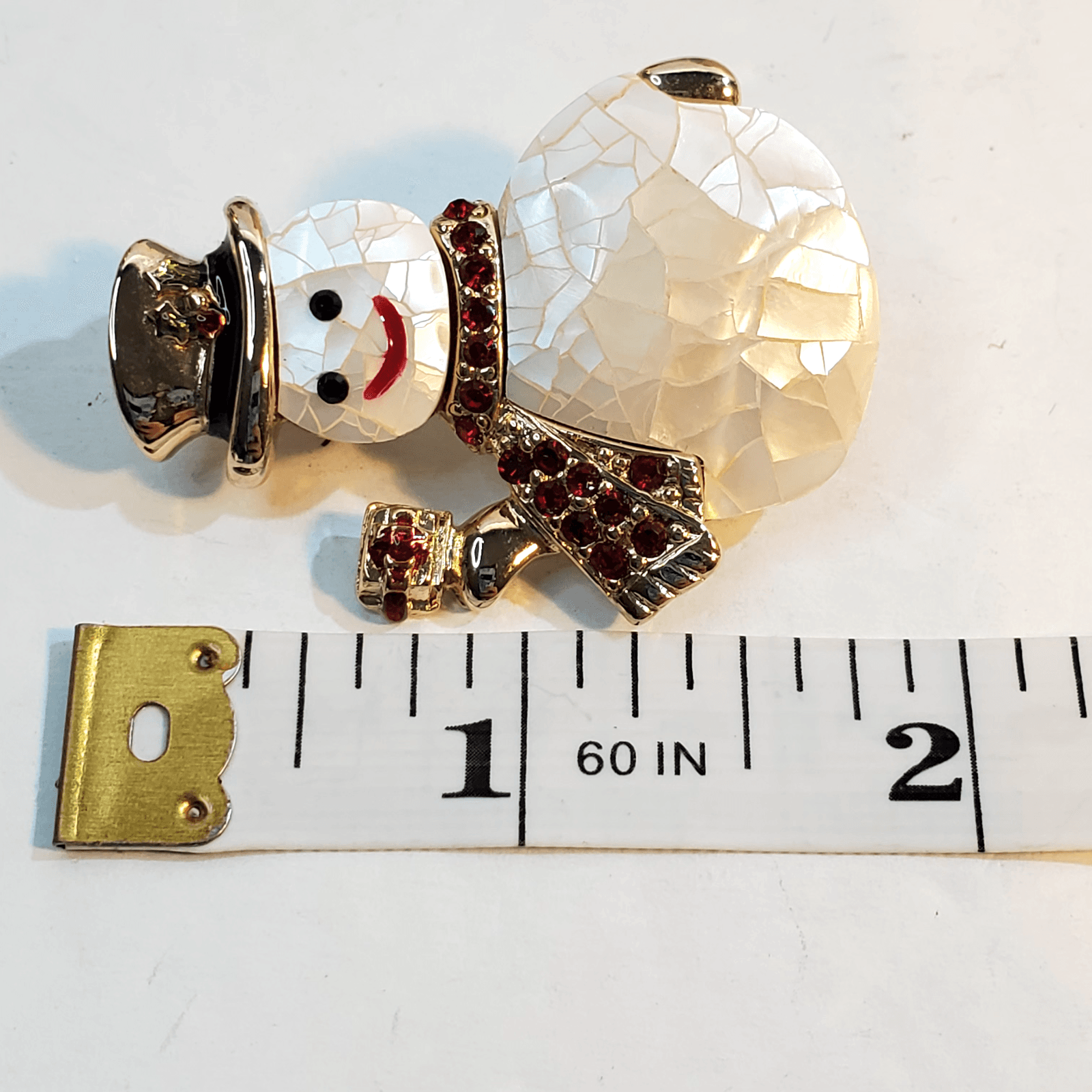 Signed LC Liz Claiborne Mosaic Mother of Pearl Christmas Snowman Brooch Pin - Thumbnail 4
