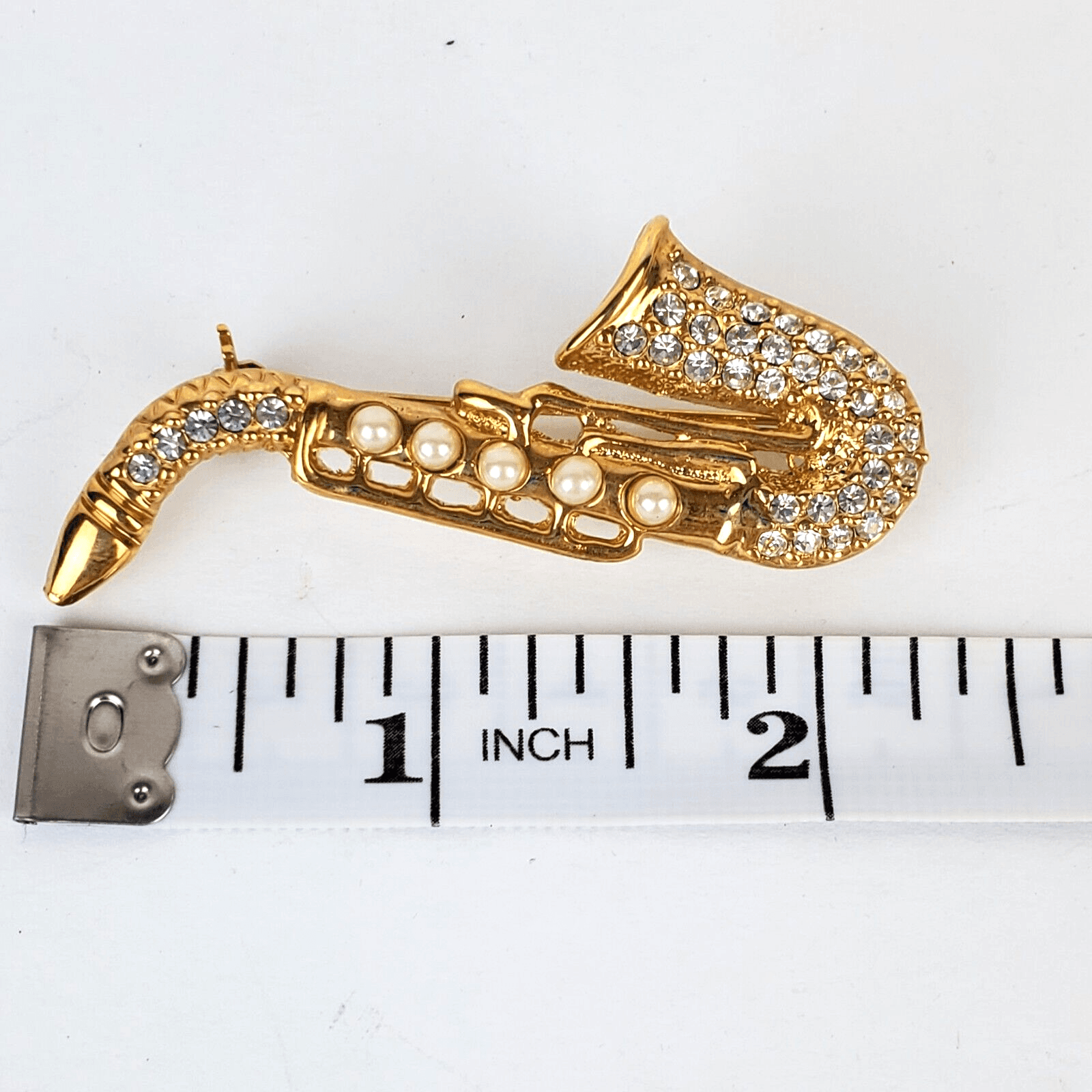 Vintage Gold Tone Metal Faux Pearls Clear Rhinestone Saxophone Brooch Pin - Thumbnail 3