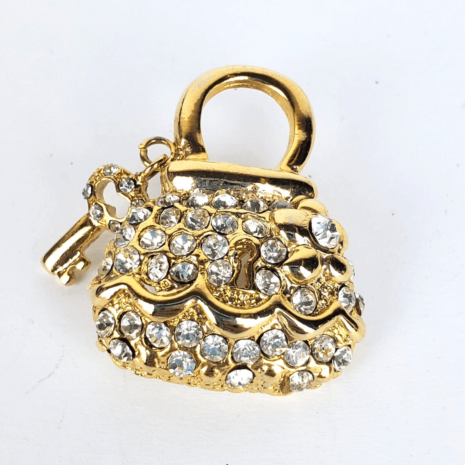 Gold Tone Metal Clear Rhinestones Purse Handbag Lock and Key Brooch Pin